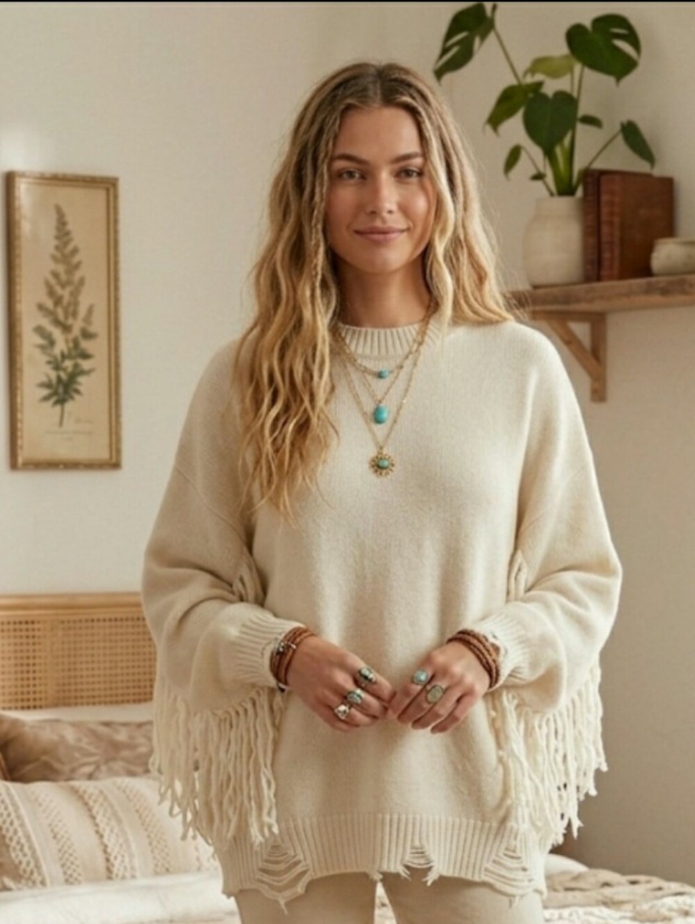 Chunky Sweater Boho Fringed  Oversized Pullover Festival Distressed Knit XL New
